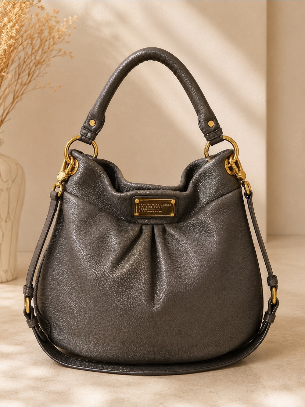 Marc Jacobs Olive Gray Pebbled Leather Hobo Bag Convertible Crossbody